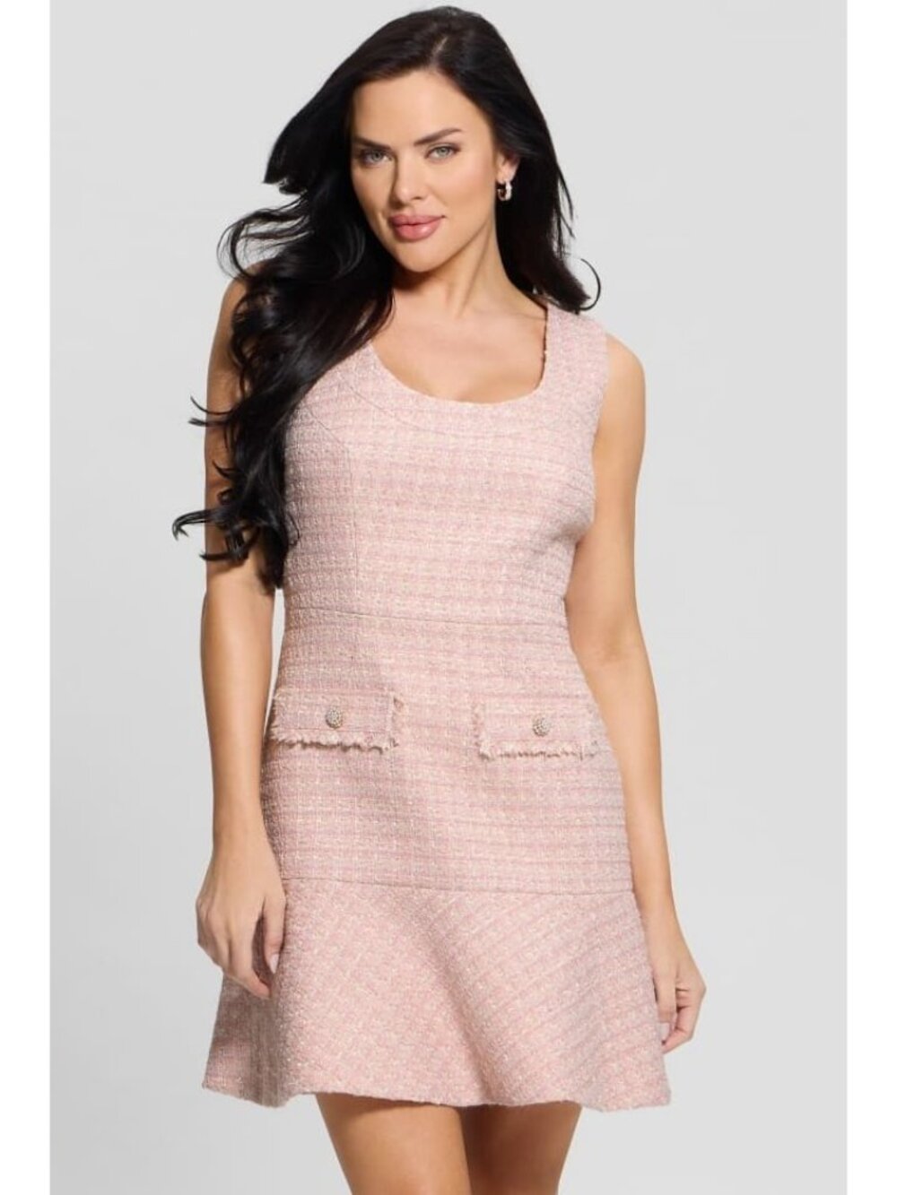 GUESS Women's Daphnee Metallic-Threaded Tweed Mini Dress Light Pink Size L $168